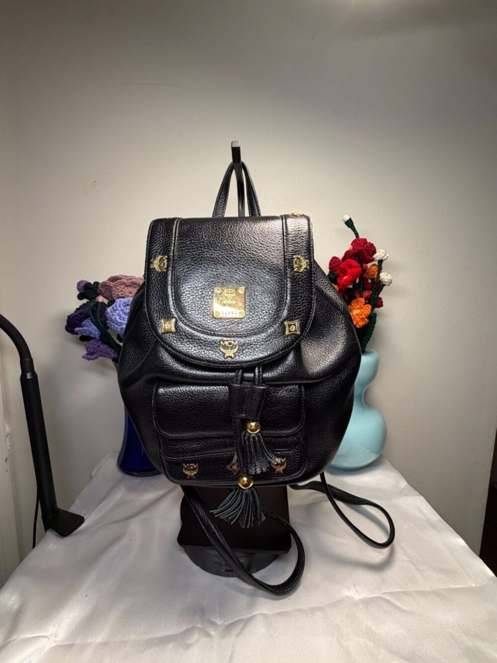 MCM Black Leather Backpack With Gold-Tone Hardware & Tassel Accents EUC